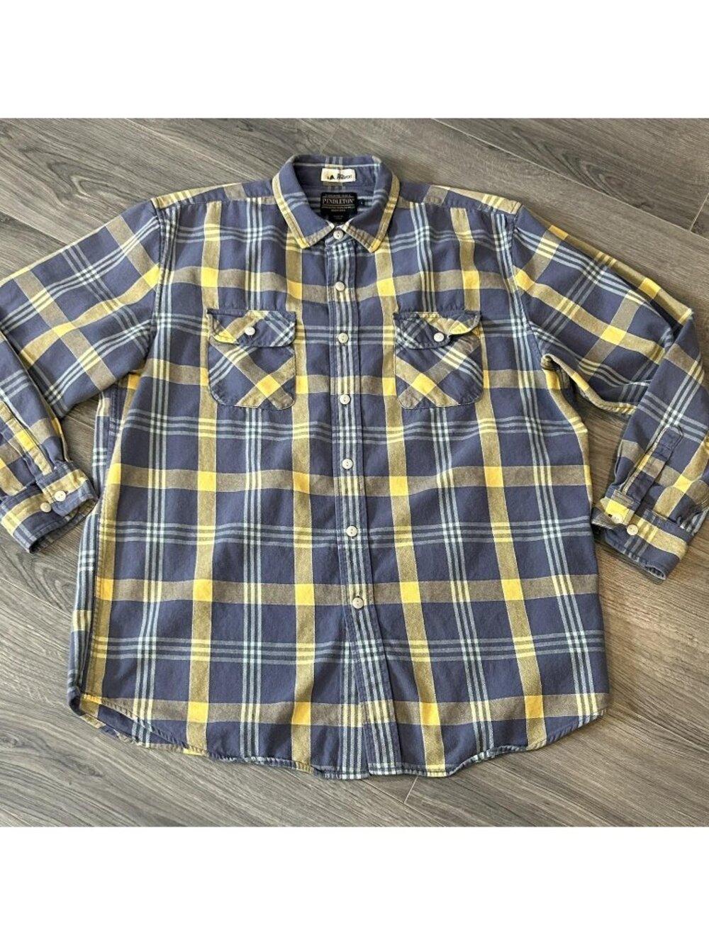 Pendleton Shirt Mens L Blue Yellow Plaid Flannel Surf Beach Shack Button Up